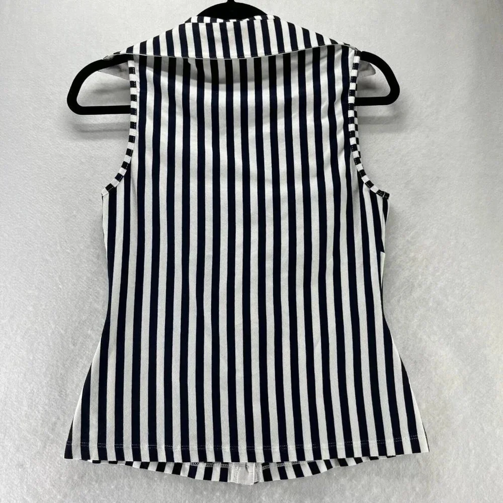 Blanc Nature Blouse Womens Sz 40 Striped Button Front Sleeveless Blue White - Picture 2 of 9